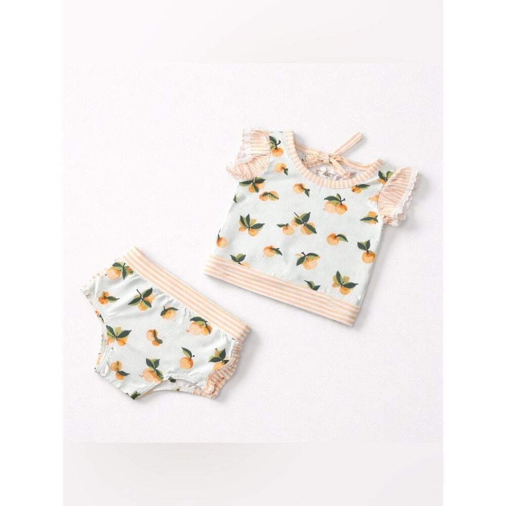 SweetHoney Mint Green Peach print ruffle bottom 2 piece swimsuit size 12 months